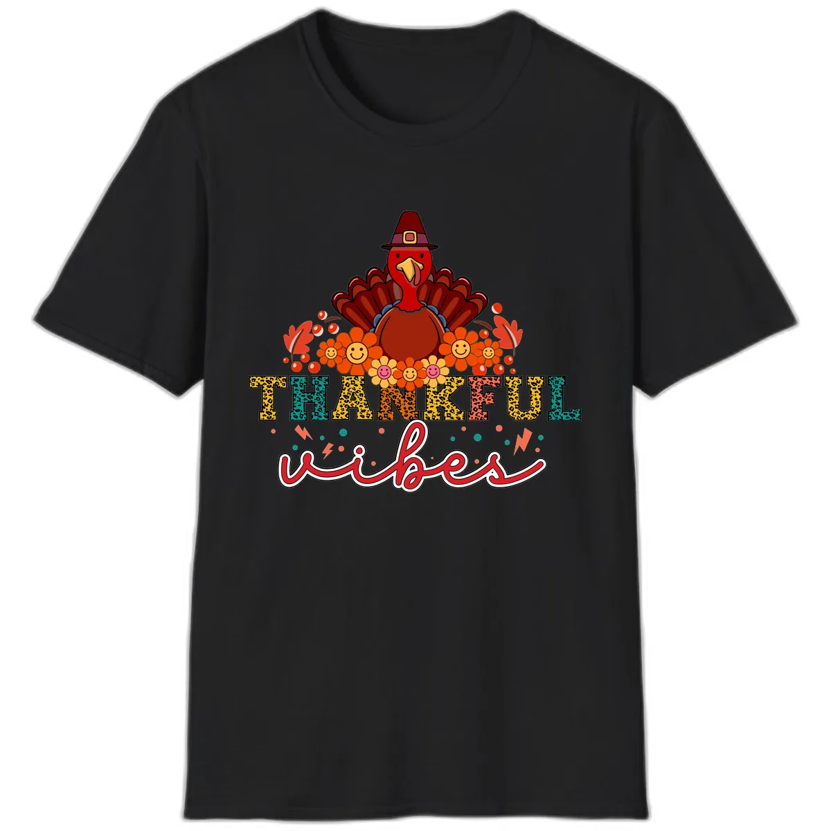 Turkey Vibes Thanksgiving Design T-Shirt in Black